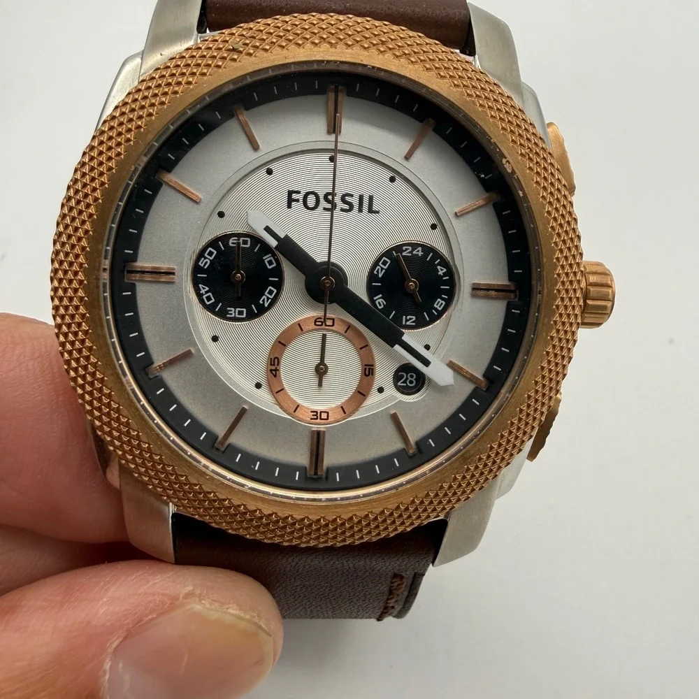 Fossil Watch Men Brown FS-4714 Machine Chronograph Rose Gold Bezel Leather Strap